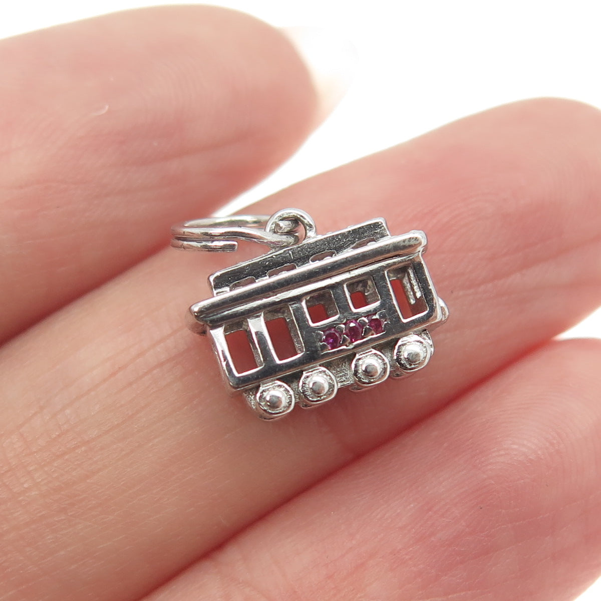 925 Sterling Silver Lab-Created Pink Sapphire Tram / Cable Car 3D Charm Pendant