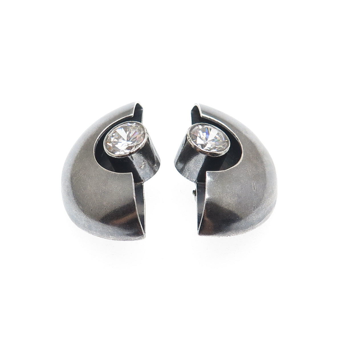 ORQUIDIA 950 Silver Vintage Mexico C Z Modernist Oxidized Clip On Earrings