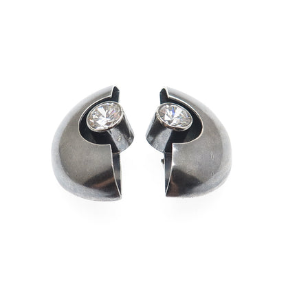 ORQUIDIA 950 Silver Vintage Mexico C Z Modernist Oxidized Clip On Earrings