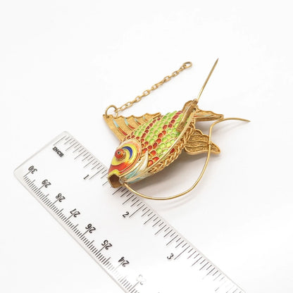 925 Sterling Silver Gold Plated Antique Enamel Articulated Chinese Koi Fish Fob