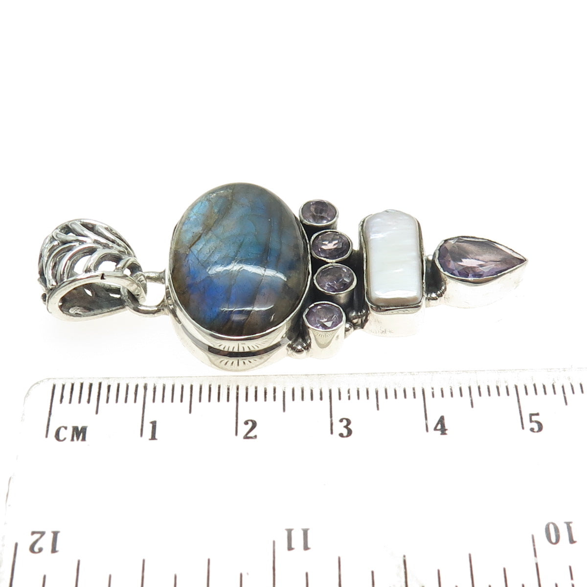 925 Sterling Silver Vintage Real Amethyst Baroque Pearl & Labradorite Pendant