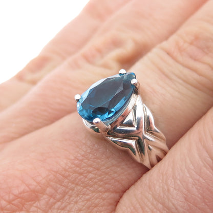 925 Sterling Silver Vintage Real Swiss Blue Topaz Teardrop Ring Size 7