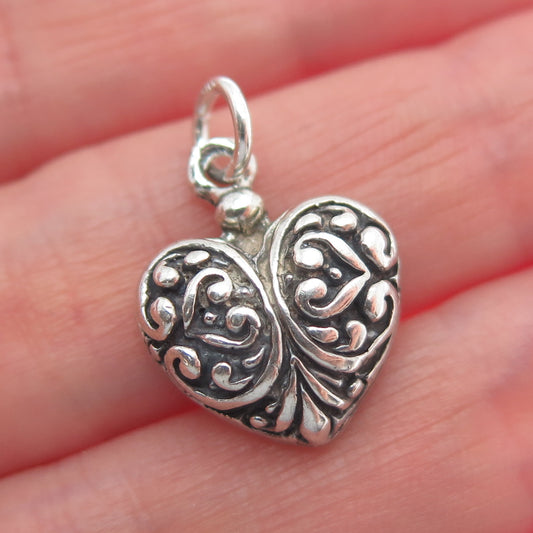 925 Sterling Silver Vintage Ornate Heart Oxidized Minimalist Charm Pendant