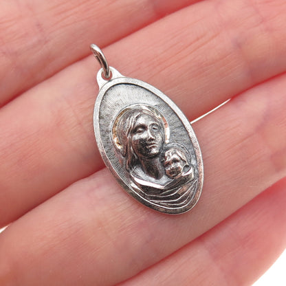 925 Sterling Silver Antique Art Deco Italy St. Mary Jesus Oxidized Charm Pendant