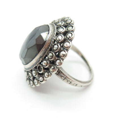 925 Sterling Silver Antique Hematite & Marcasite Ring Size 4 (missing 1 stone)