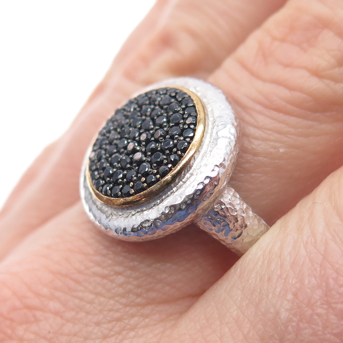 925 Sterling Silver 2-Tone Real Round-Cut Black Spinel Hammered Ring Size 10