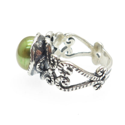 DIDAE 925 Sterling Silver Vintage Israel Real Pearl Oxidized Ring Size 8