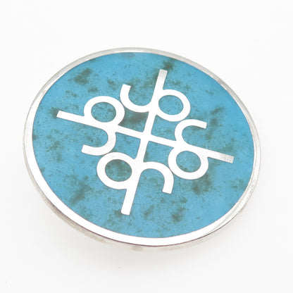 925 Sterling Silver Vintage Turquoise Enamel Cross Round Pin Brooch