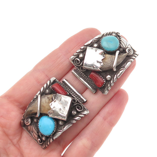 Larry Ruiz Navajo Old Pawn Sterling Silver Vintage Turquoise & Coral Watch Band