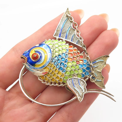925 Sterling Silver Enamel Antique Chinese Koi Fish Articulated Fob / Pendant