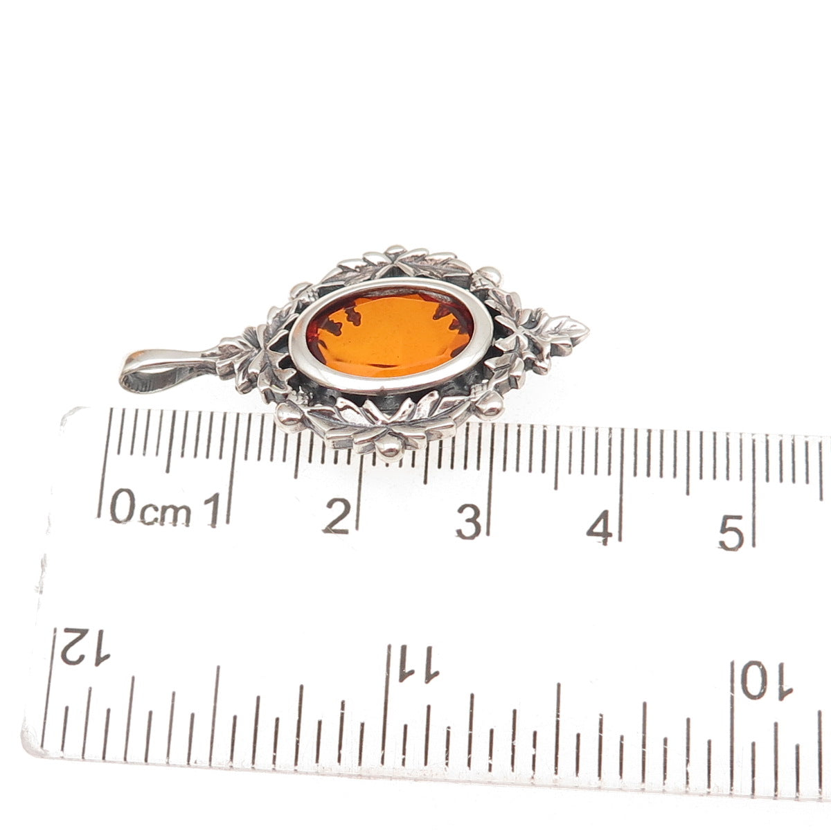 925 Sterling Silver Vintage Real Amber Floral Oxidized Charm Pendant