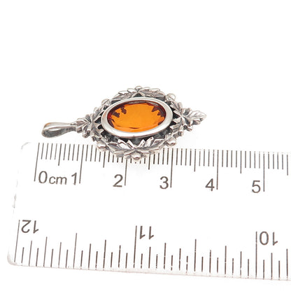 925 Sterling Silver Vintage Real Amber Floral Oxidized Charm Pendant