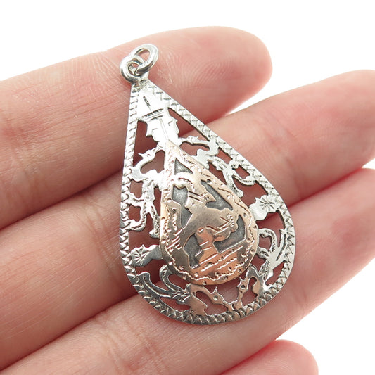 900 Silver & 10K Rose Gold Vintage Tribal Warrior Teardrop Charm Pendant