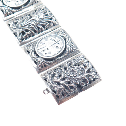 925 Sterling Silver Vintage Chinese Character & Floral Oxidized Bracelet 6.75"