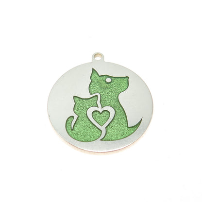 Tokemoti 925 Sterling Silver Green Enamel Cat & Dog Round Tag Minimalist Pendant