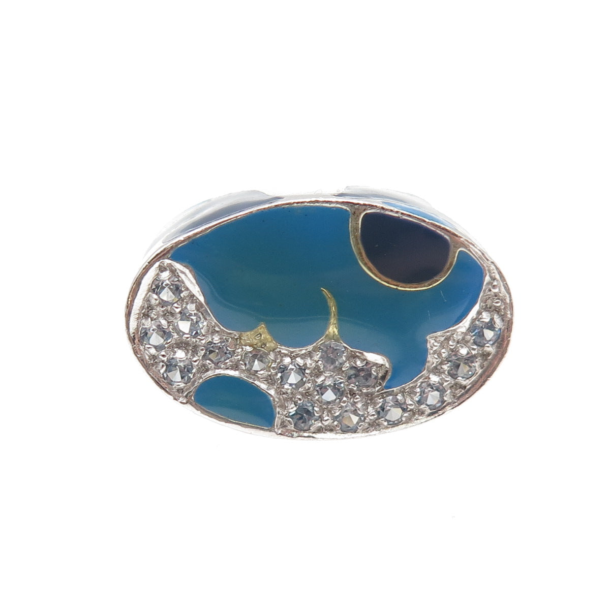 925 Sterling Silver Enamel Real Blue Topaz Modernist Ring Size 7