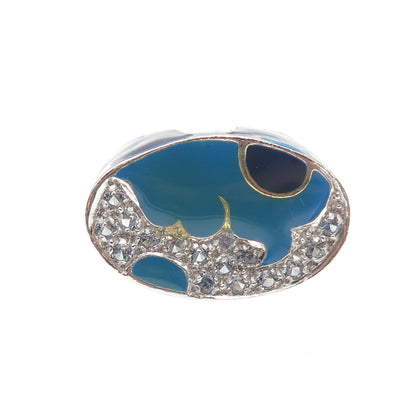 925 Sterling Silver Enamel Real Blue Topaz Modernist Ring Size 7