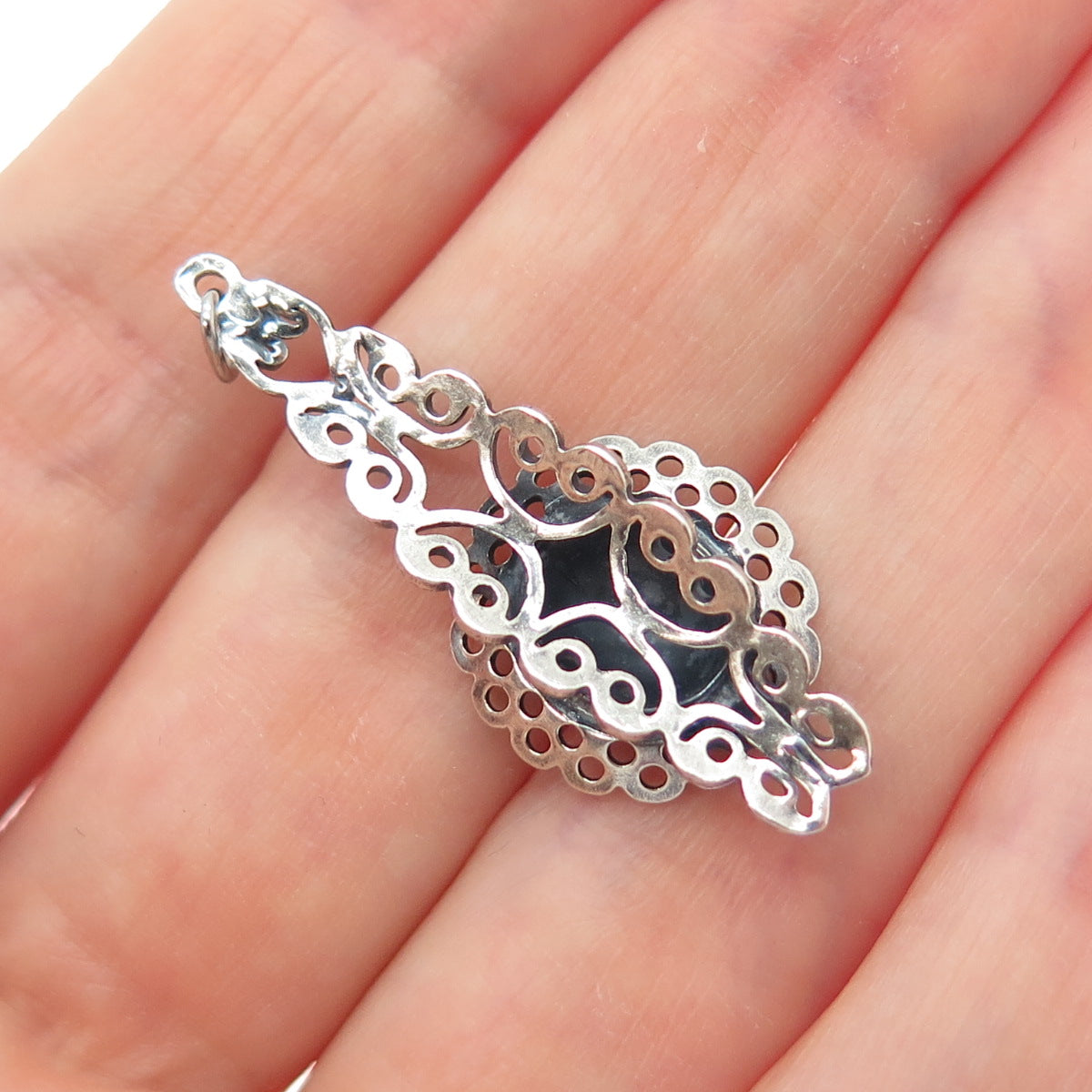 925 Sterling Silver Vintage Flower & Butterfly Filigree Oxidized Charm Pendant