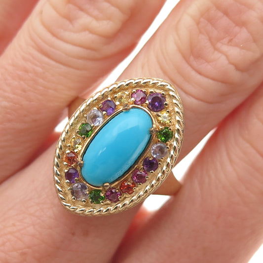D'Joy 925 Sterling Silver Gold Plated Real Turquoise & Multi-Gem Ring Size 8