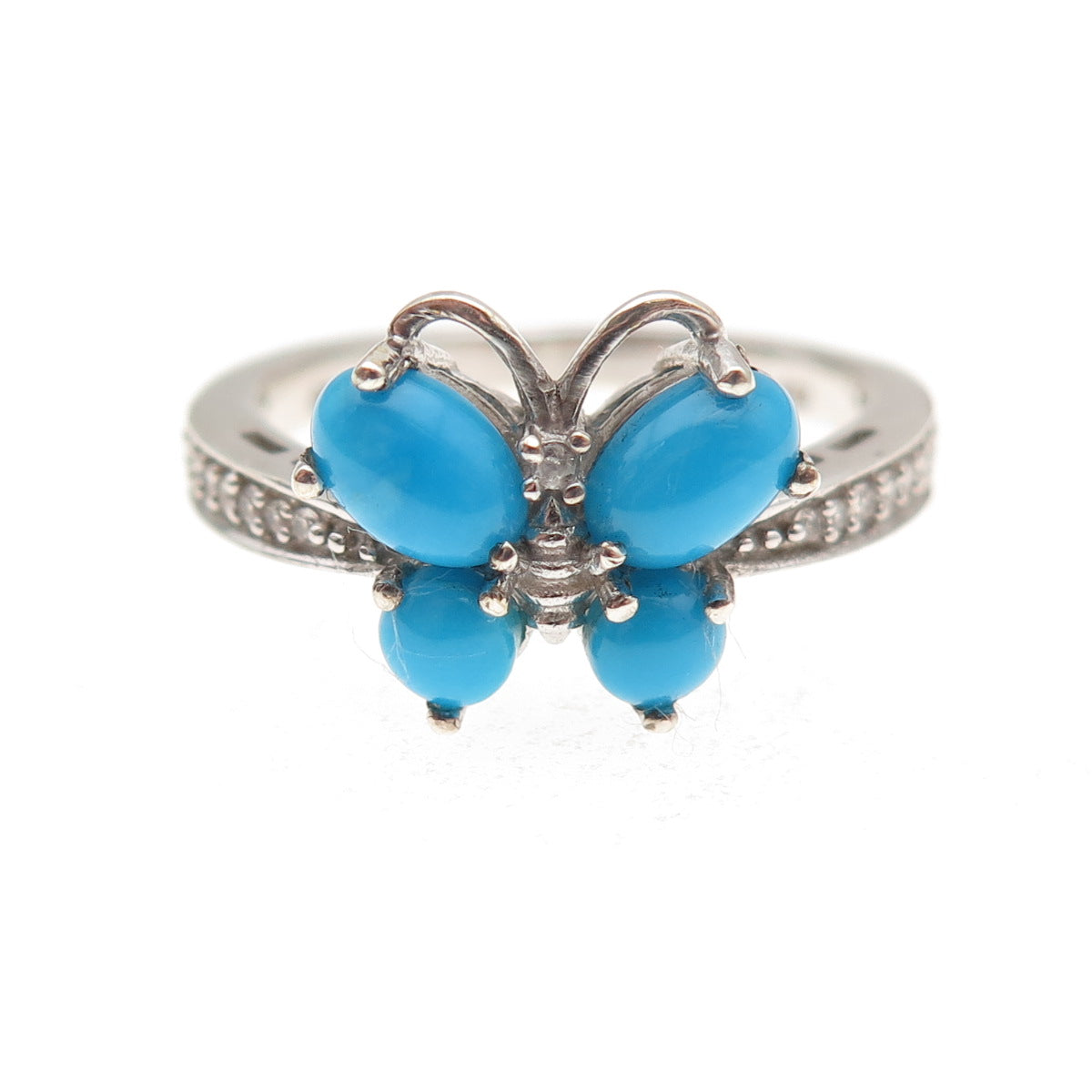 Chuck Clemency 925 Sterling Real Turquoise White Topaz Butterfly Ring Size 8.25