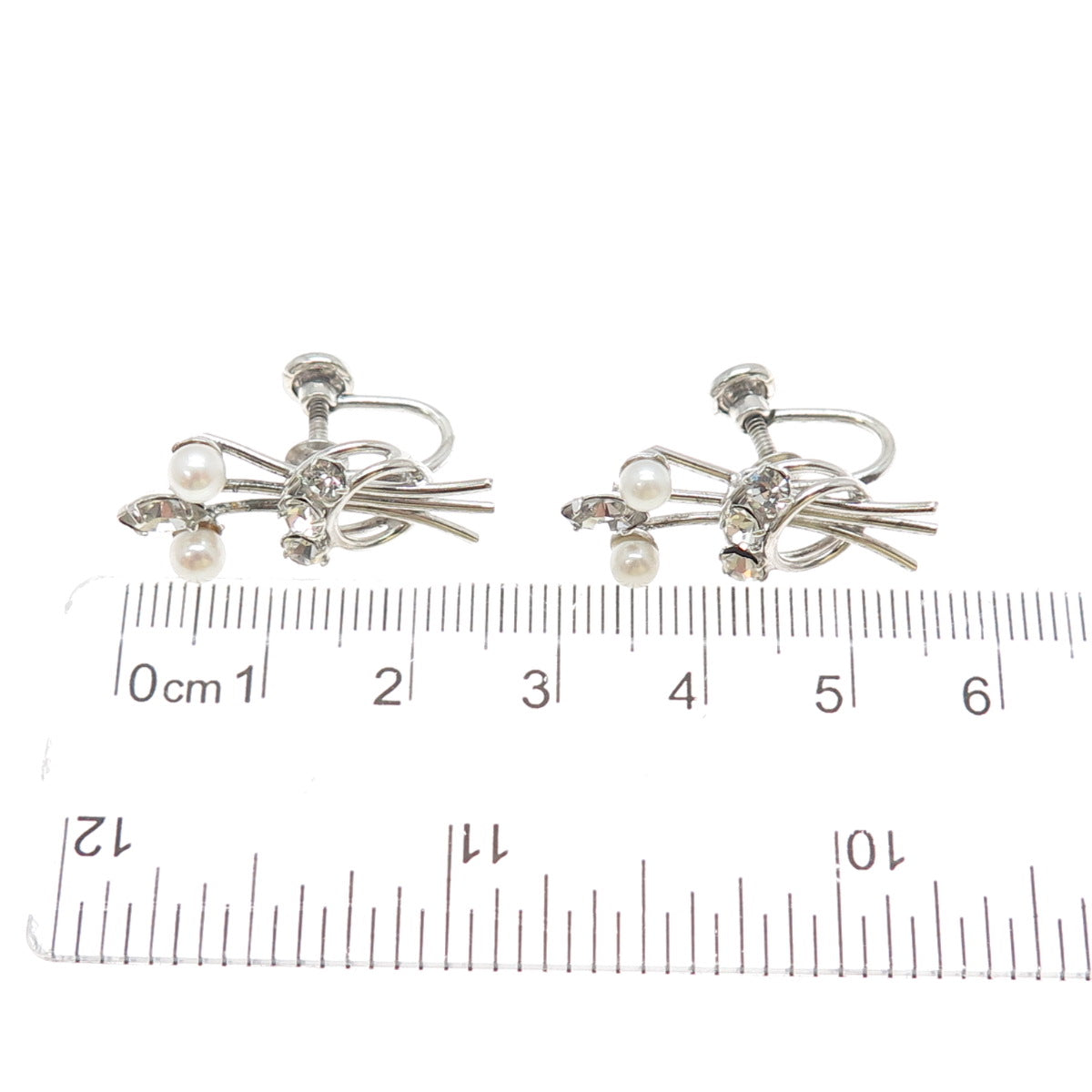 CARL ART 925 Sterling Silver Vintage Real Pearl & Rhinestone Screw Back Earrings