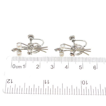 CARL ART 925 Sterling Silver Vintage Real Pearl & Rhinestone Screw Back Earrings