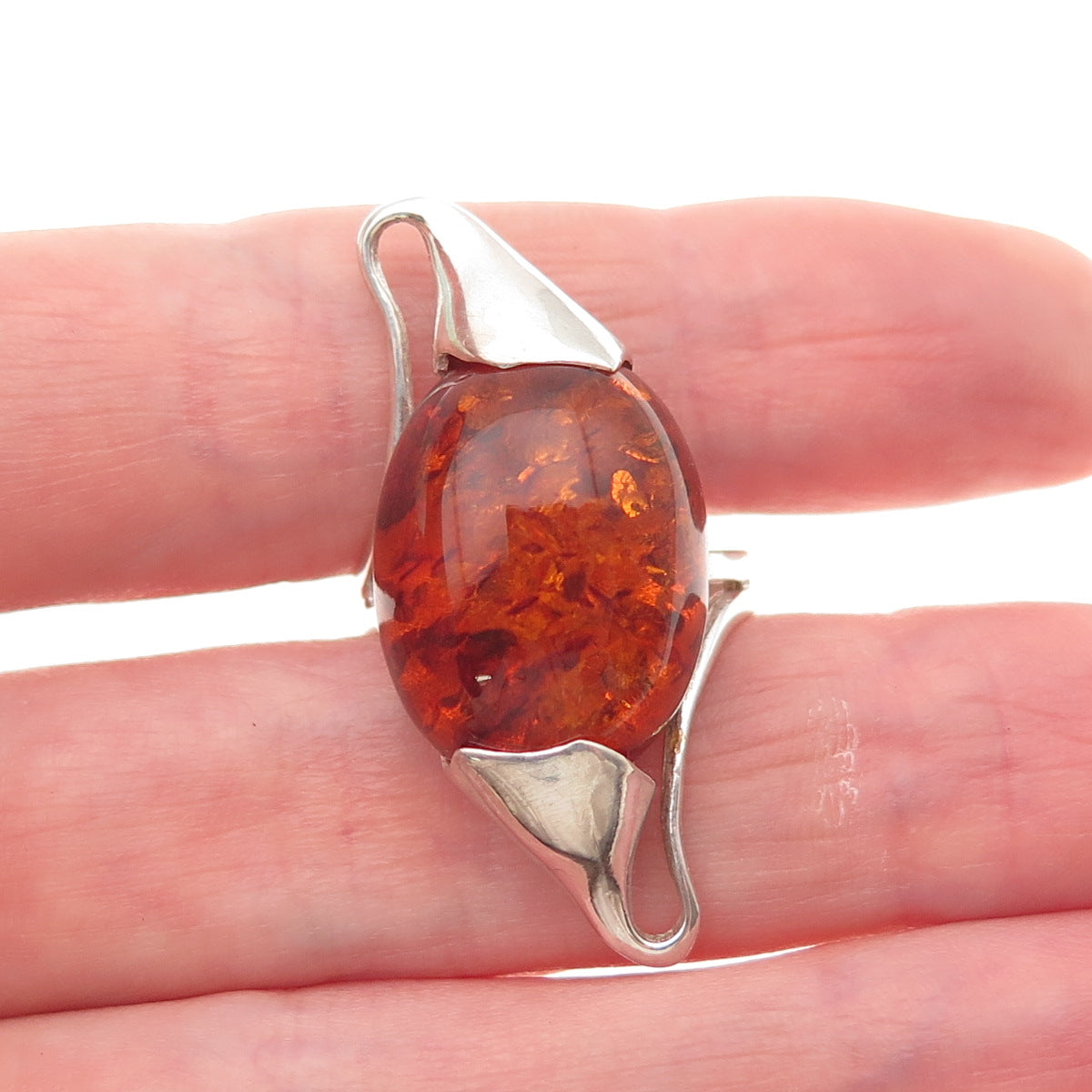 925 Sterling Silver Vintage RJ Czechia Real Amber Modernist Ring Size 7