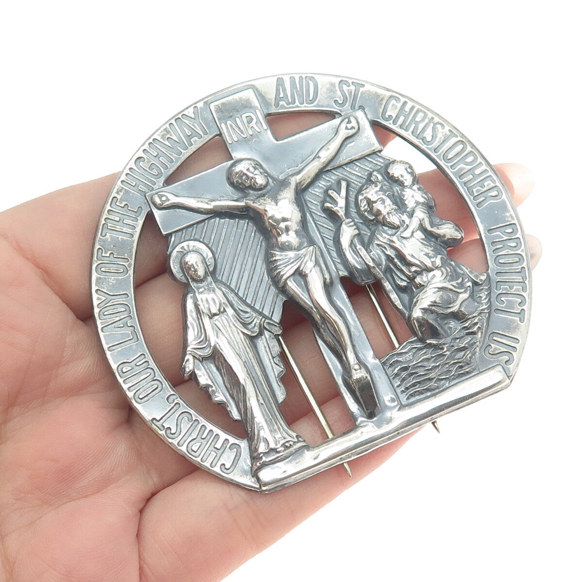 HAYWARD 925 Sterling Silver Antique Crucifix St Mary & Christopher Religious Pin