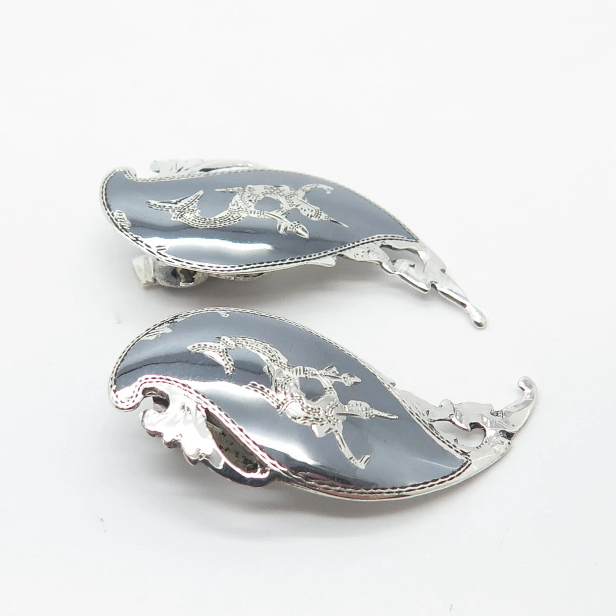 925 Sterling Silver Vintage Siam Niello Hindu Goddess Clip On Earrings
