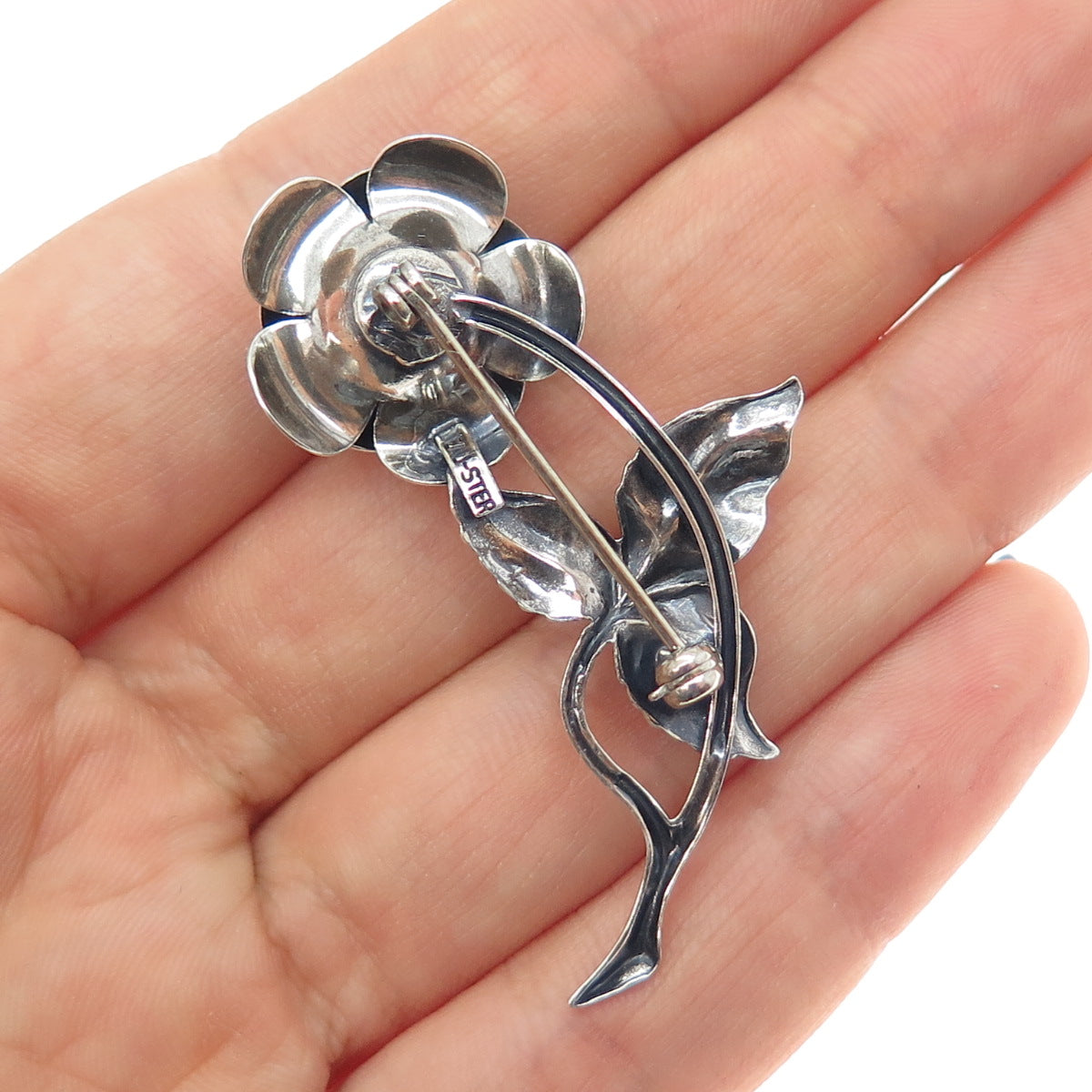 BEAU 925 Sterling Silver Vintage Rose Flower Oxidized Pin Brooch