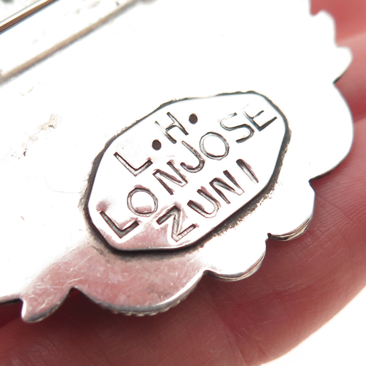 L.H. Lonjose Zuni Old Pawn Sterling Turquoise Coral Onyx MOP Warrior Pin Pendant