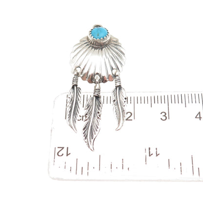 Old Pawn 925 Sterling Silver Vintage Turquoise Snake Eye Feather Tribal Pendant