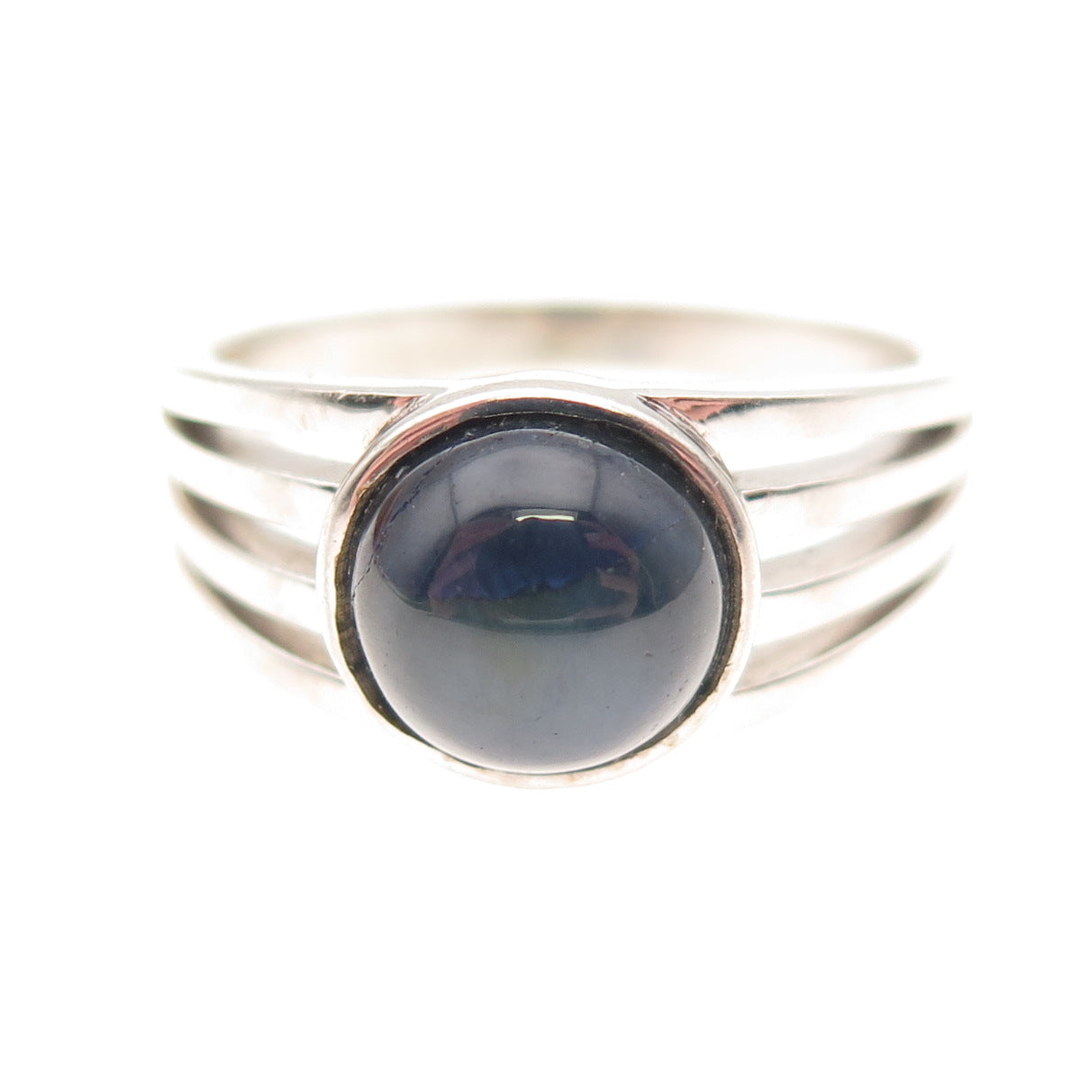 925 Sterling Silver Real Cabochon Sapphire Modernist 4-Row Ring Size 10
