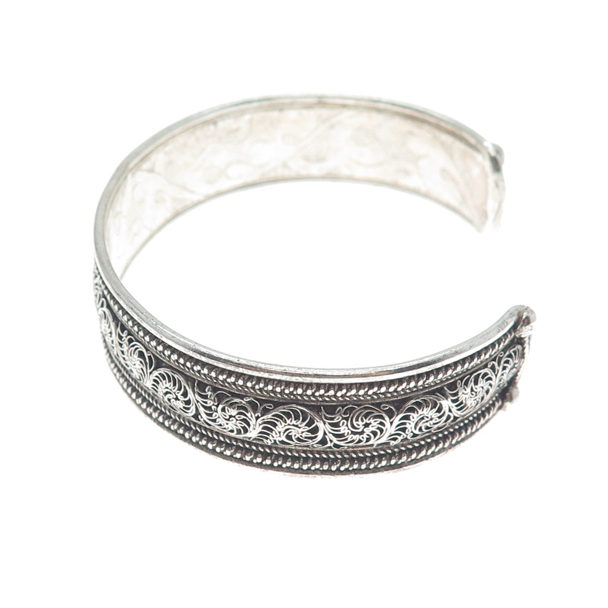 925 Sterling Silver Vintage Floral Filigree Oxidized Adjustable Bracelet 7.5"