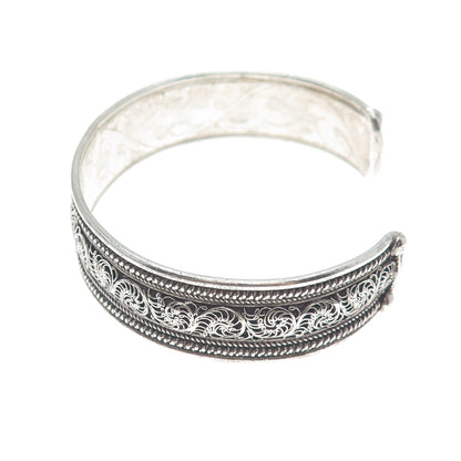 925 Sterling Silver Vintage Floral Filigree Oxidized Adjustable Bracelet 7.5"
