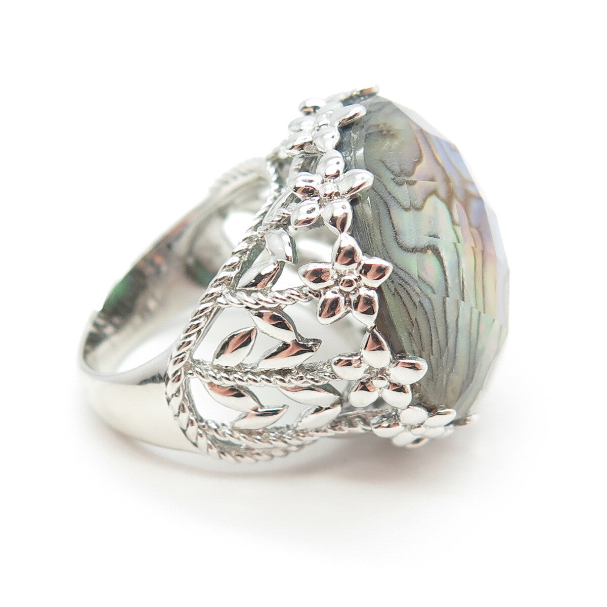 925 Sterling Silver Real Doublet Abalone Shell Floral Wide Ring Size 6.25