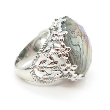 925 Sterling Silver Real Doublet Abalone Shell Floral Wide Ring Size 6.25