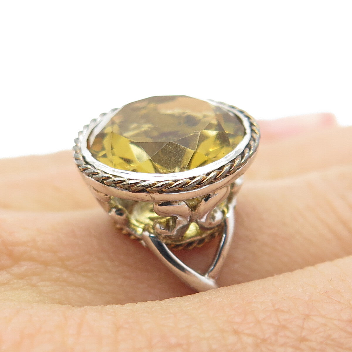925 Sterling Silver 2-Tone Real Round-Cut Citrine Roped Ring Size 7