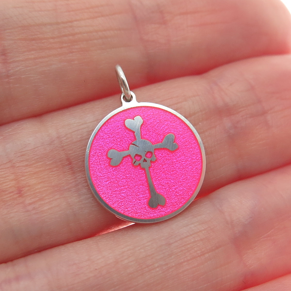 925 Sterling Silver Pink Enamel Skull Crossed Bones Minimalist Charm Pendant