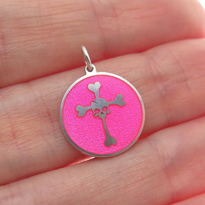 925 Sterling Silver Pink Enamel Skull Crossed Bones Minimalist Charm Pendant