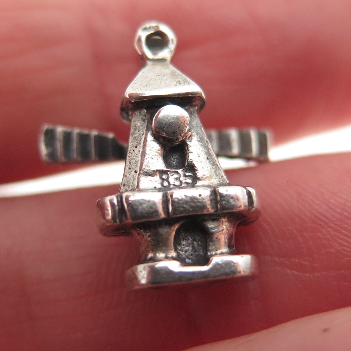 835 Silver Vintage Windmill Oxidized 3D Mini Articulated Charm Pendant