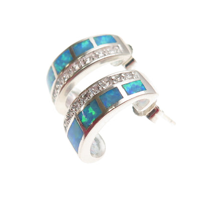 Anne Klein 925 Sterling Silver Vintage Real Opal & C Z Hoop Earrings