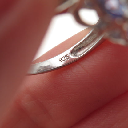 925 Sterling Silver Real Oval-Cut Tanzanite & Round-Cut White Topaz Ring Size 6