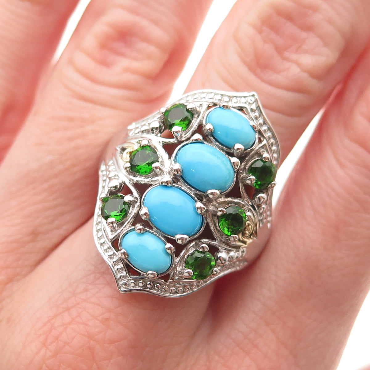 Chuck Clemency 925 Sterling Sleeping Beauty Turquoise & Peridot Ring Size 8.25