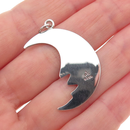 925 Sterling Silver Vintage Real Turquoise Inlay Crescent Charm Pendant