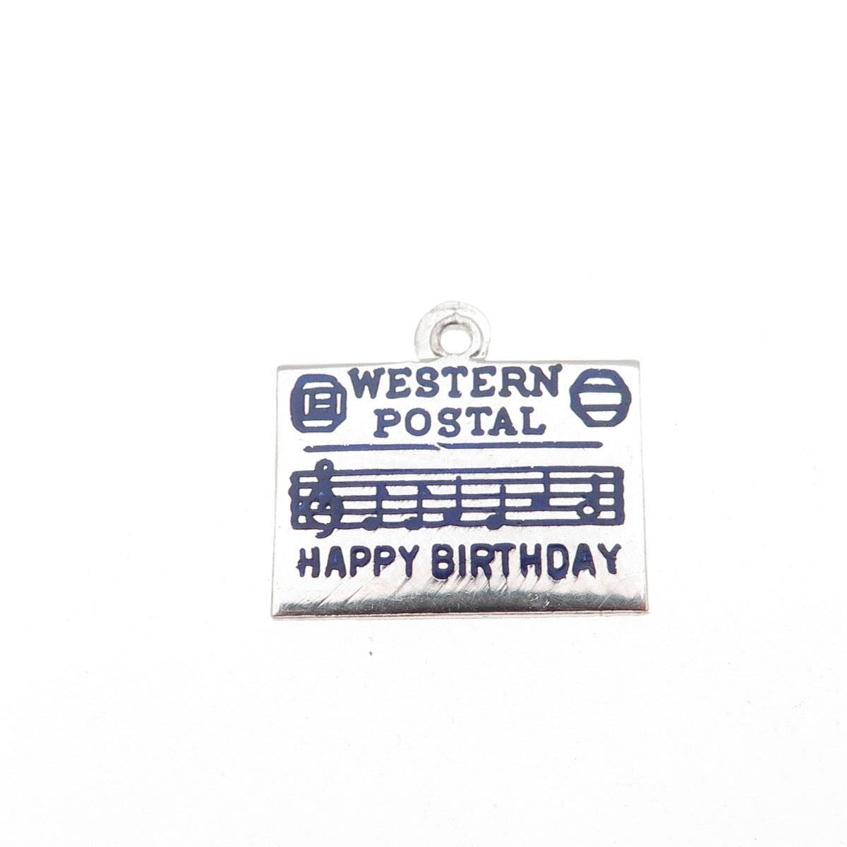 925 Sterling Silver Vintage Enamel Western Postal Happy Birthday Mini Pendant