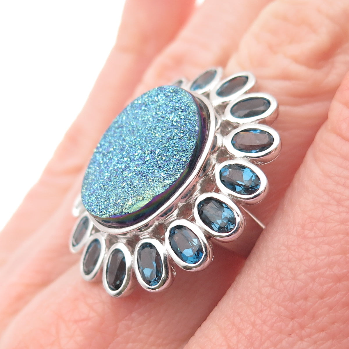 925 Sterling Silver Vintage Real Druzy & London Blue Topaz Flower Ring Size 7.25