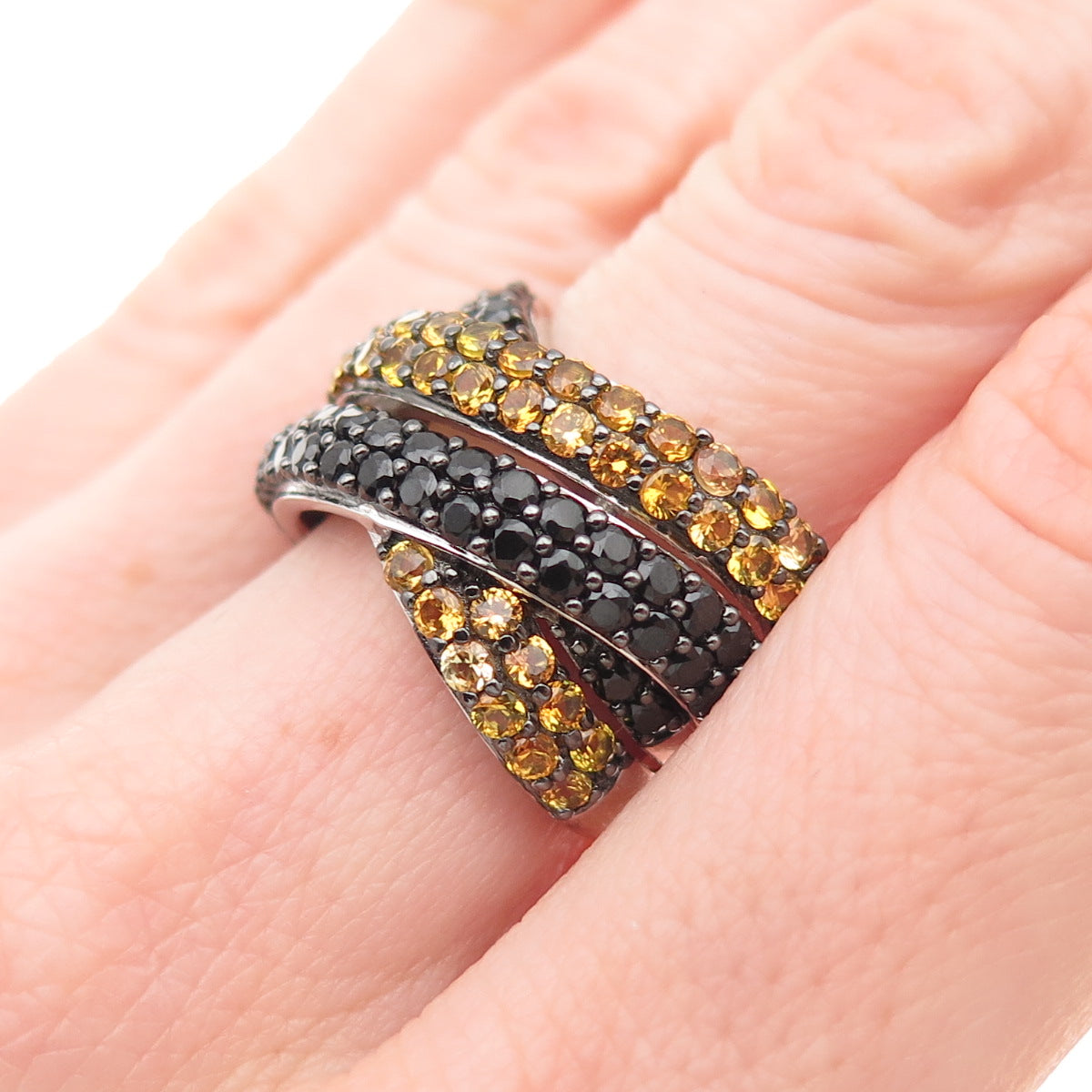 925 Sterling Silver Real Yellow Topaz & Black Spinel Crisscross Ring Size 7.25