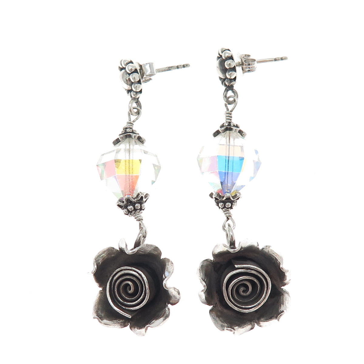 DOUG PAULUS Sterling Silver Vintage Crystal Rose Flower Oxidized Dangle Earrings