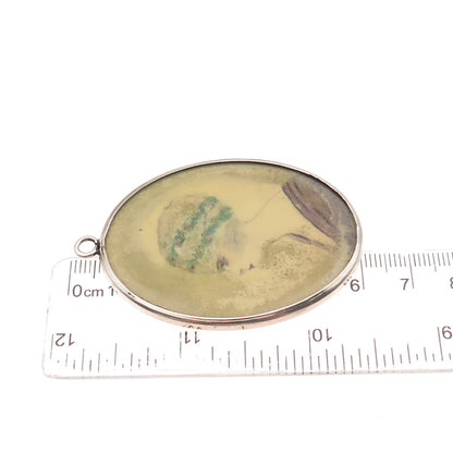 800 Silver Antique Art Deco European Hand-Painted Lady Profile Pendant